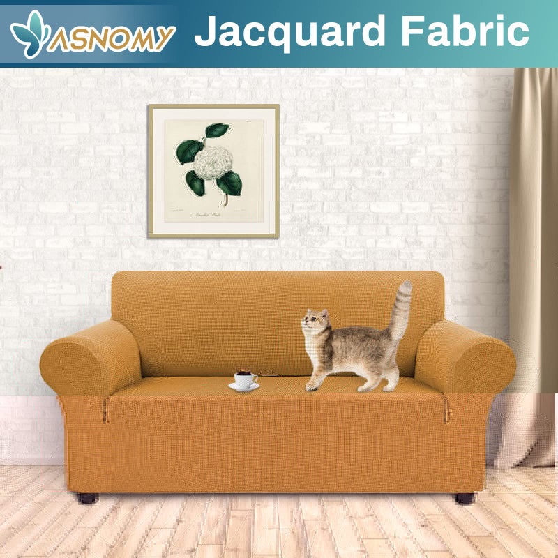 Asnomy Sofa Covers for 2 Cushion Couch Stretch loveseat Covers Slipcovers, Pet Protector Furniture Covers for Dogs Cats Spandex Jacquard Fabric Small Checks (Medium, Golden) - Image 2